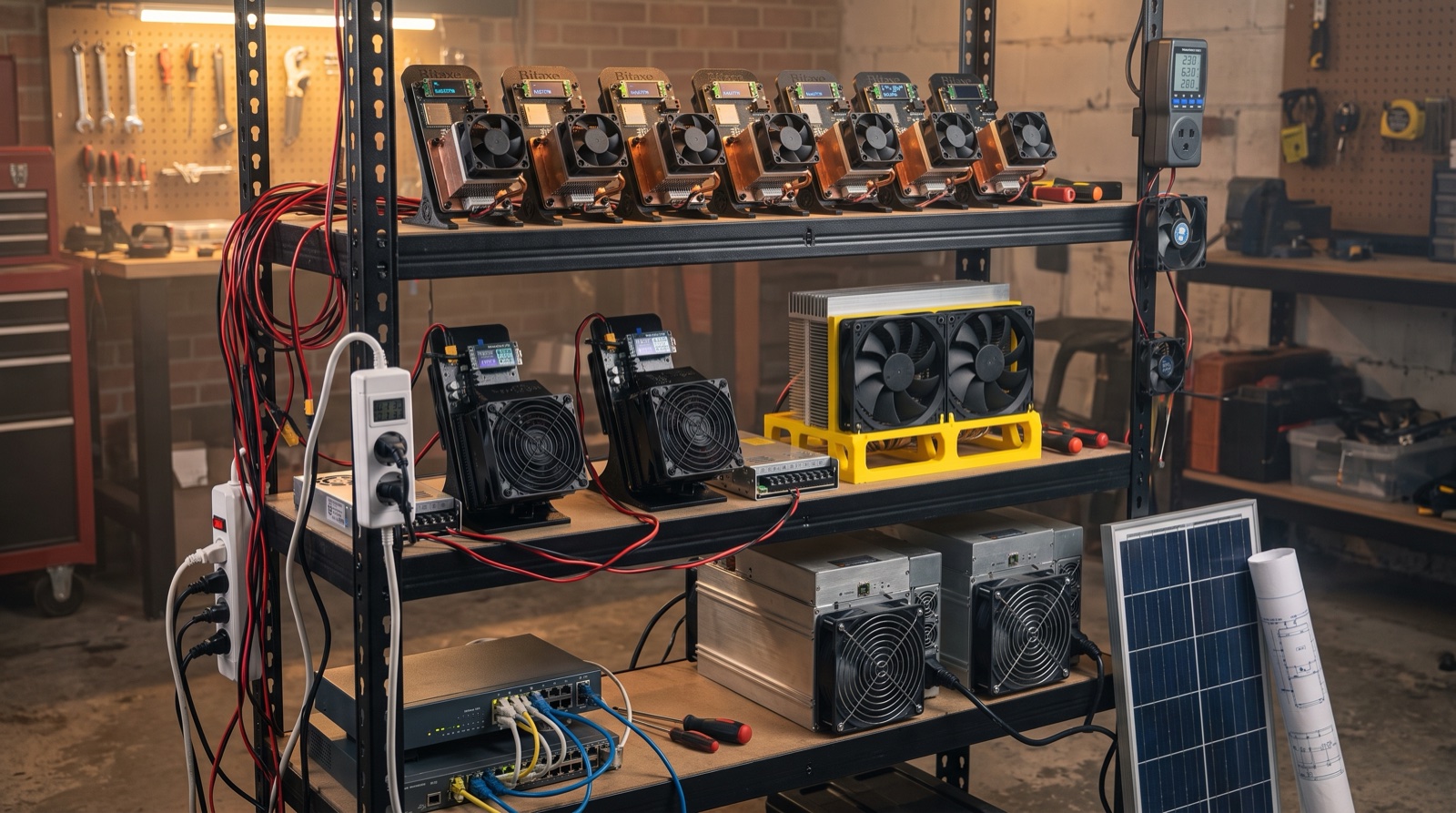 Month two. The dream: a little farm in the garage — Gammas, NerdQaxes, the big iron, and a solar panel waiting.