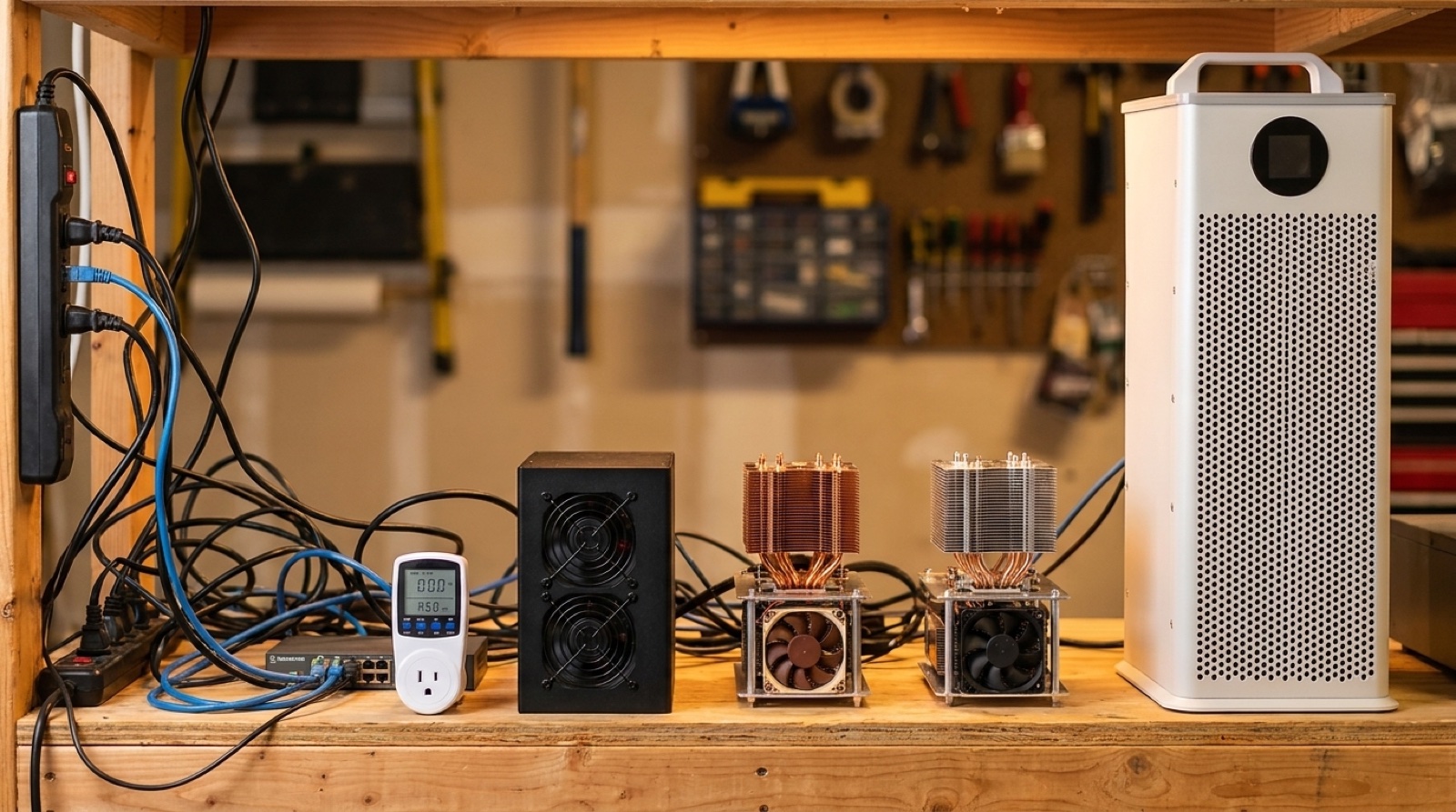 A home mining shelf with a mixed fleet of small miners